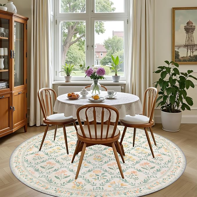 PLHXFR Round Area Rug Living Room: 6 ft Floral Washable Carpet Beige Multi | - Image 4