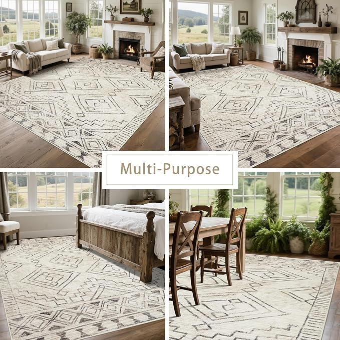 8x10 Washable Area Rugs for Living Room, Dining Room- Morocco Beige | Boho - Image 5