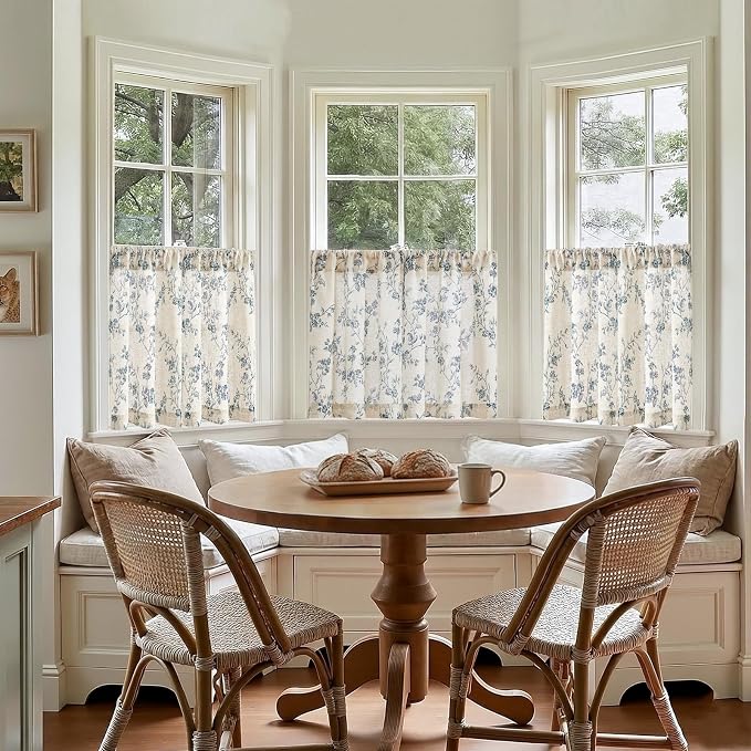 Blue on Beige Linen Kitchen Curtains Rod Pocket 26W X 24L 2 Panels | Elisa - Image 3