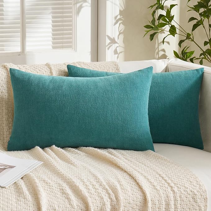 MIULEE Teal Chenille Couch Lumbar Throw Pillow Covers, 12x20 | Set of 2 - Image 3