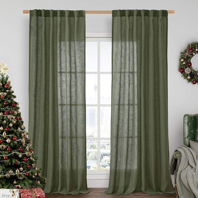Olive Green Linen Curtains 90 Inch by LAMIT