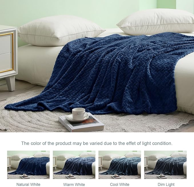 Exclusivo Mezcla Fleece Twin Size Blanket for Bed, 90x66 Inches Soft Cozy Jacquard Flannel Blankets, Lightweight Fuzzy Plush Warm for Winter, Navy Blue