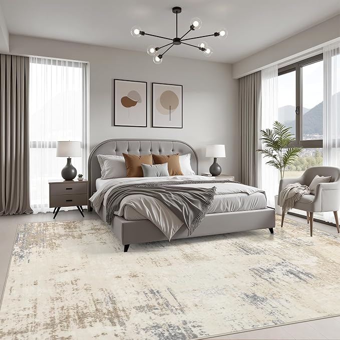 5x7 Area Rug Living Room: Modern Washable Soft Carpet Beige Brown | - Image 3