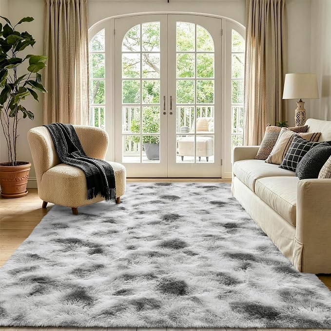 6x9 Large Tie-Dyed Grey and White Fluffy Area Rug Non-Slip - Image 2