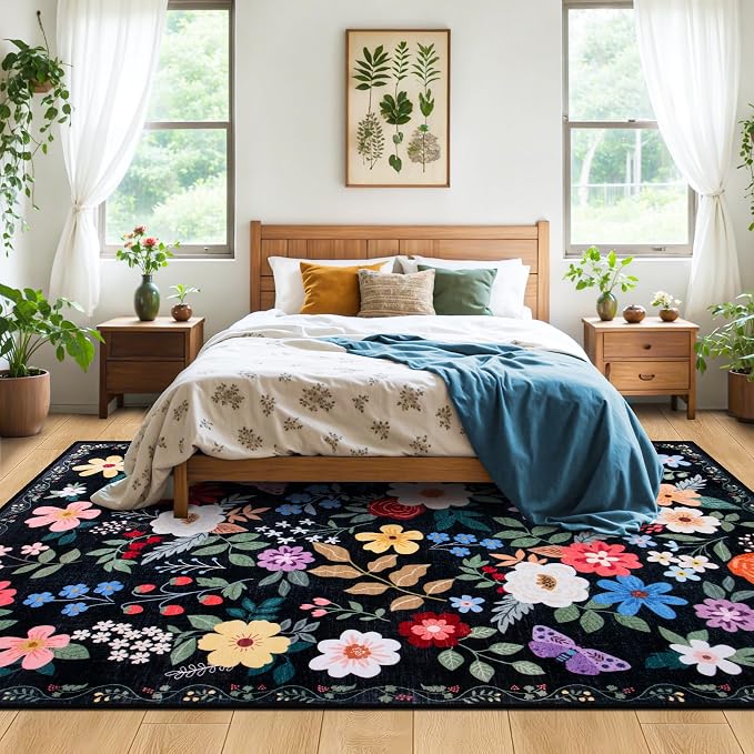 PLHXFR Area Rug Living Room: 4x6 Floral Washable Boho Soft Carpet Black | - Image 3