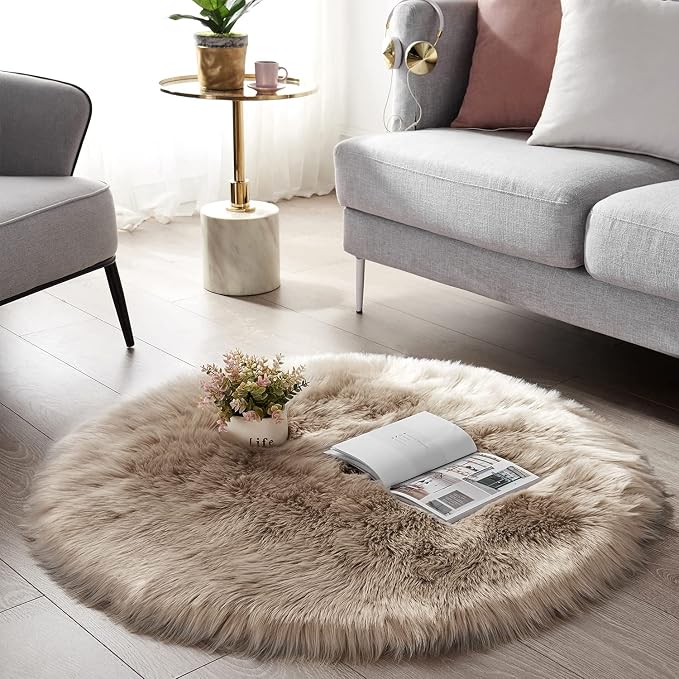 SERISSA 5x5 Fluffy Beige Round Faux Fur Area Rug - Image 5
