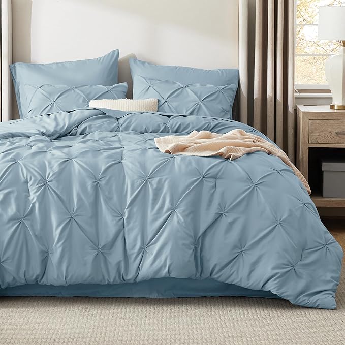 Bedsure King Size Comforter Set Light Blue - Bed in a Bag Bedding Set 7 Pieces, GentleSoft™ Pintuck Bed Set Gift for Family, Pinch Pleat Light Blue Comforter with Sheets, Pillowcases & Shams