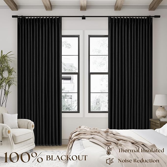 Black Pinch Pleated 100% Blackout Linen Bedroom Curtains 96 Inch Length | - Image 3