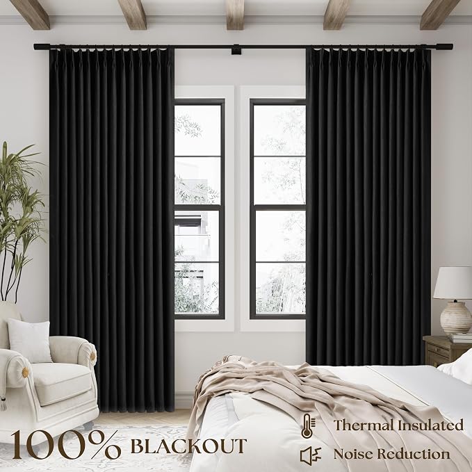Black Pinch Pleated Black Out Linen 45 Inch Curtains - Image 3