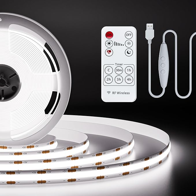 PAUTIX 5V USB COB LED Strip Light 6.56ft/2m 1200lm, Dimmable 640LEDs 6000K Daylight White CRI90+ with RF Remote TV Backlight,Flexible Under Cabinet Tape Light for Bedroom,Kitchen,Home DIY Lighting