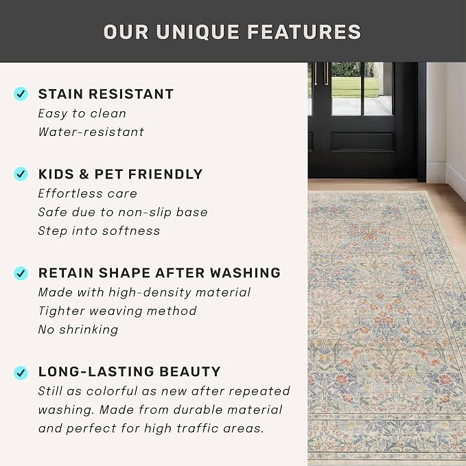 Vintage Washable Beige Blue 10x12 Rug - Image 8