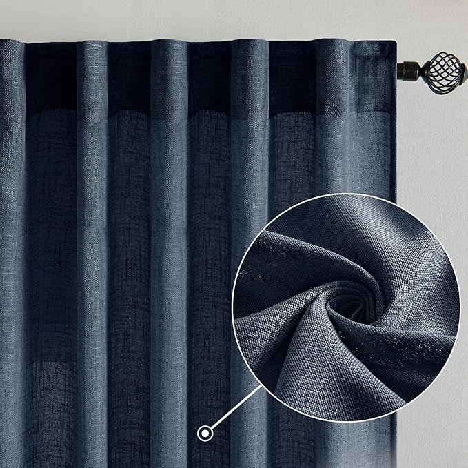 MIULEE Navy Blue Linen Curtains 52x63 Inch 2 Panels - Image 2