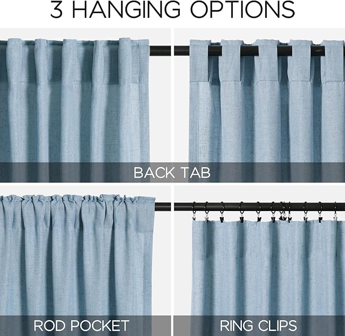 Blue Curtains 80 Inches Length for Living Room Back Tab Rod Pocket Semi Sheer - Image 3