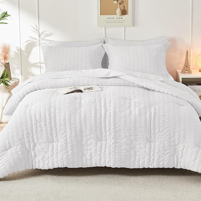 HYMOKEGE White California King Comforter Set Seersucker 7 Pieces, All Season Luxury Bed in a Bag for Bedroom, Bedding Set with Comforters, Sheets, Pillowcases & Shams