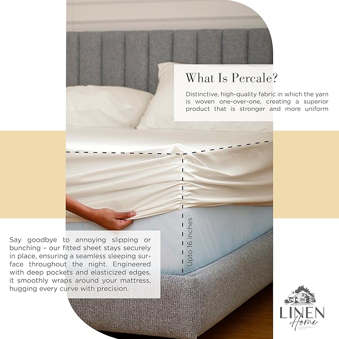 Linen Home 100% Cotton Percale Sheets Twin XL Size, Ivory, Deep Pocket, 3 Pieces Set - 1 Flat, 1 Deep Pocket Fitted Sheet and 1 Pillowcase, Crisp Cool and Strong Bed Linen