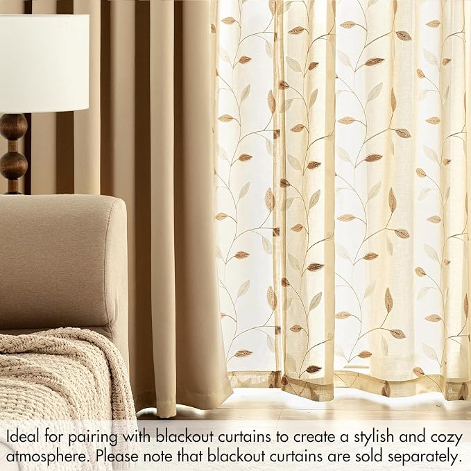 MIULEE Beige Sheer Curtains 2 Panels Embroidered Leaf Patterned, W52 x L63 | - Image 7