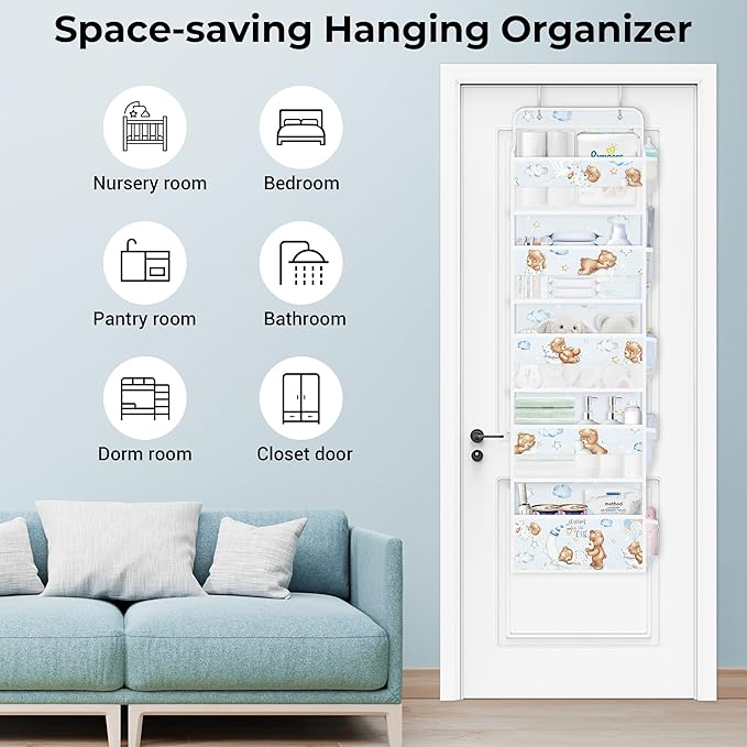 Clastyle Animals Over The Door Organizer Star Nursery Hanging Storage Organizer for Kids Clothes Diaper Toy Closet Door Hanging Shelf Storage for Bedroom Bathroom Pantry, Bear, 5-Tier