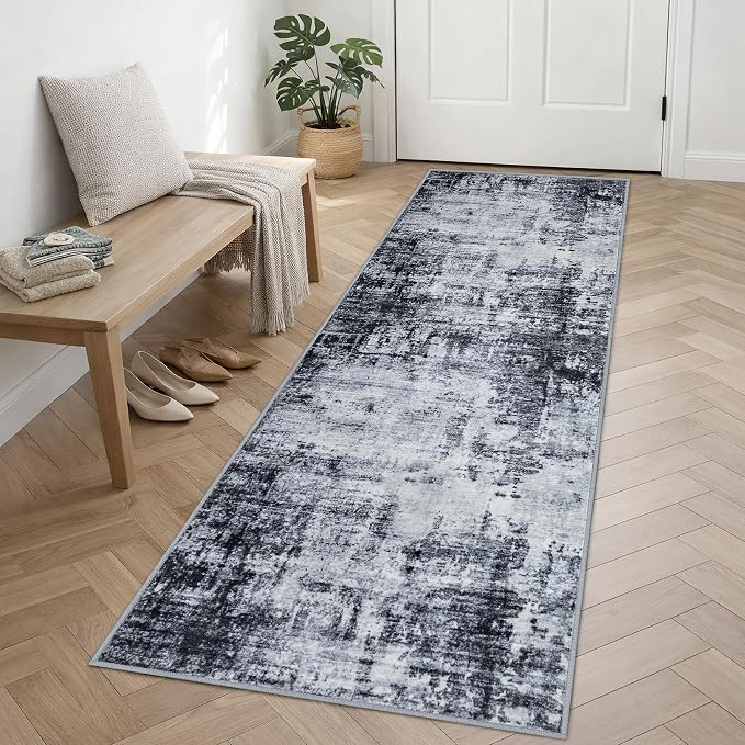 2.6x8 Washable Runner Rug：Modern Abstract Soft Carpet Dark Black | - Image 2