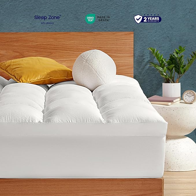 SLEEP ZONE Mattress Topper Twin XL Size, Extra Thick Fitted Mattress Pad for Back Pain, Plush and Support Mattress Cover, Deep Pockets Mattress Protector, Hotel Quality (White, Twin XL)