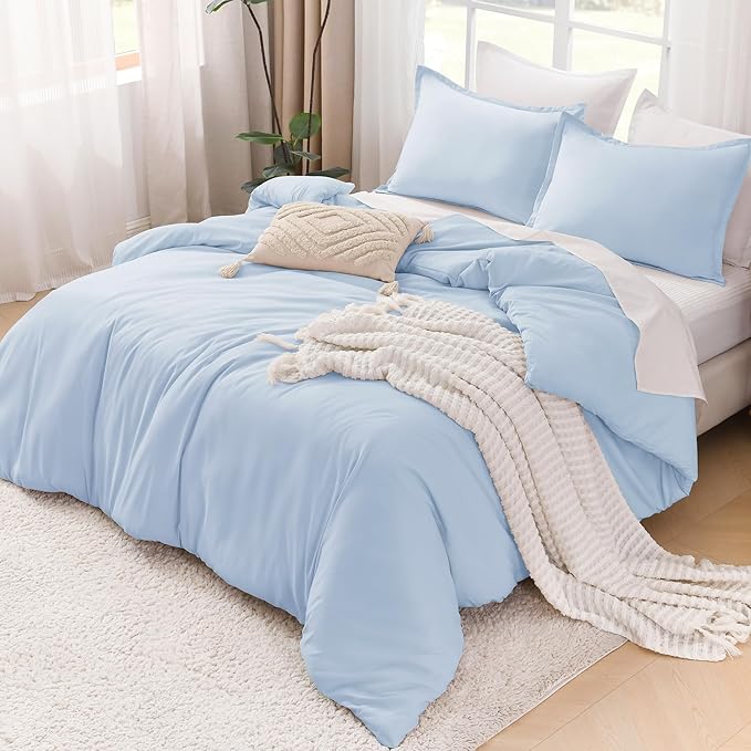 Litanika Comforters Light Blue Full Size, 3 Pieces Lightweight Solid Bedding Comforter Set, All Season Fluffy Bed Set (79x90In Comforter & 2 Pillowcases)