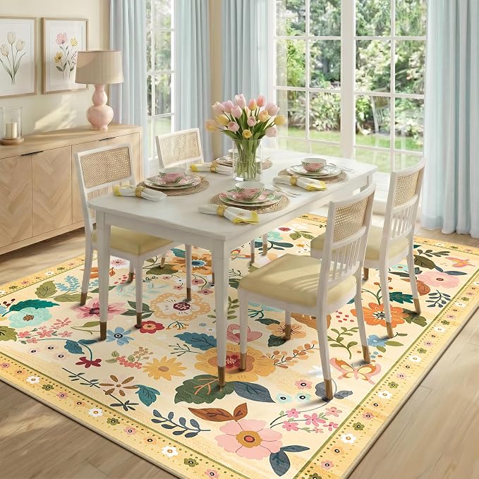 RELEANY Floral Washable 6x9 Area Rugs Ivory/Yellow | Flower Carpet Print Boho - Image 8