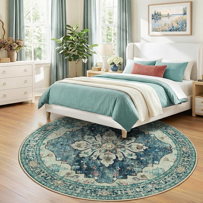 RELEANY Washable Area Rug, Round 8ft, Water Repellent, Pet Friendly, Vintage - Image 3