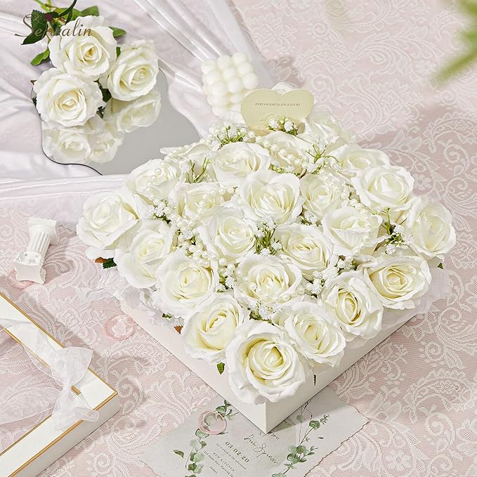 Serwalin 60 PCS White Artificial Roses in Bulk, 3.15'' Flower Head Fake Silk Roses Realistic Roses for Bridal Bouquet Wedding Centerpieces Flower Arrangement Party Home Decor