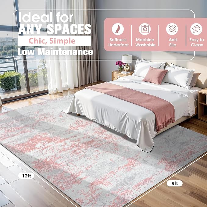 Aelenmu 9x12 Area Rugs for Living Room Washable Bedroom Dining Room Pink | - Image 2