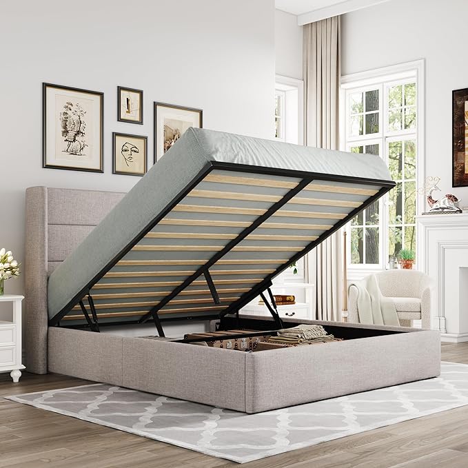 Allewie Full Size Lift Up Storage Bed, Modern Wingback Headboard, Hydraulic Support, No Box Spring Needed, Light Beige