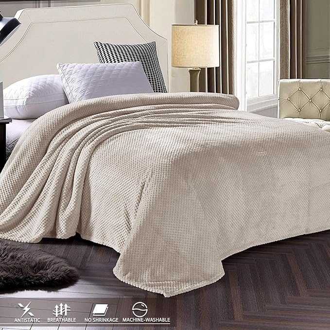 Exclusivo Mezcla Soft Waffle Fleece Bed Blanket Twin Size, Tan | Lightweight - Image 3
