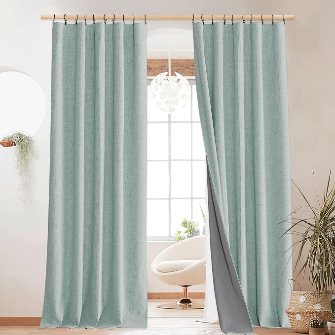 NICETOWN Seafoam Green Blackout Linen Curtains 95" Long, Rod Pocket Back Tab by NICETOWN
