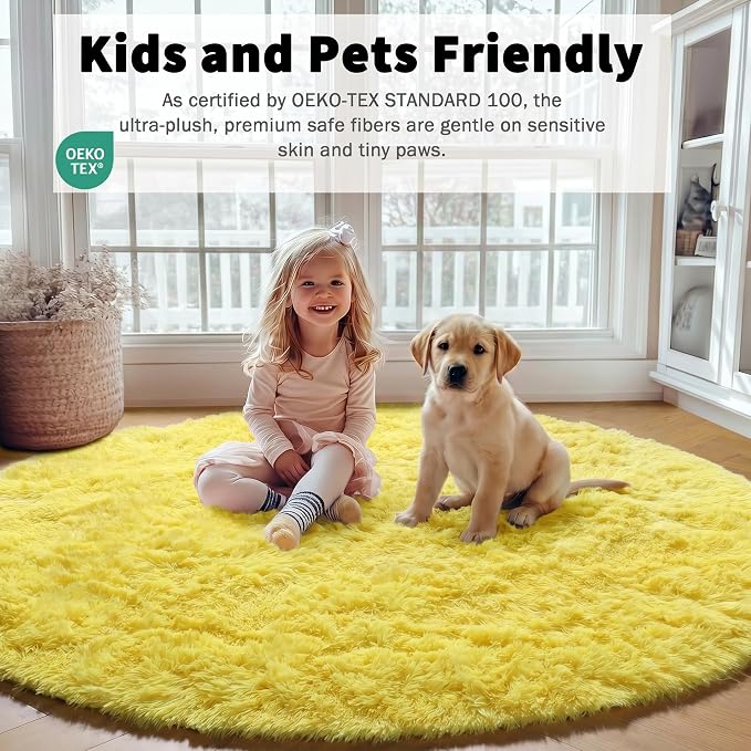 Yellow Round Rugs 5ft for Bedroom Living Room, Fluffy Circle Area Rug for Kids - Image 4
