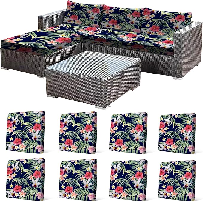CALBODE 8 Pcs Stretch Outdoor Seat Cushion Covers, Tropical Floral, by CALBODE
