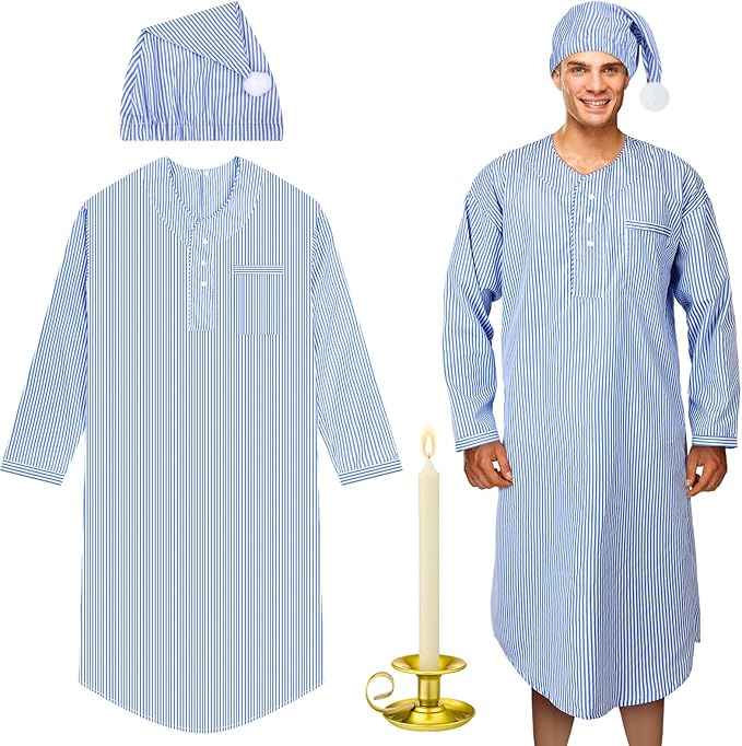 Toulite 4 Pcs Men's Pajama Set Includes Men's Nightshirt Night Sleeping Cap Candle Holder and Candle for Halloween Christmas(Large)