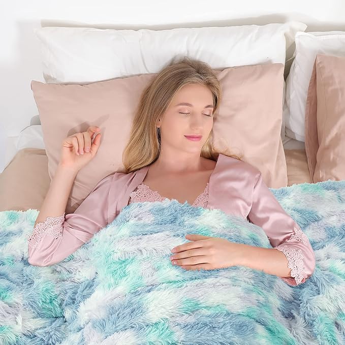 Tuddrom Decorative Extra Soft Faux Fur Throw Blanket,Solid Reversible Fuzzy Lightweight Long Hair Shaggy Blanket,Fluffy Cozy Plush Fleece Comfy Microfiber Fur Blanket for Couch Sofa Bed,Tie Dye Blue