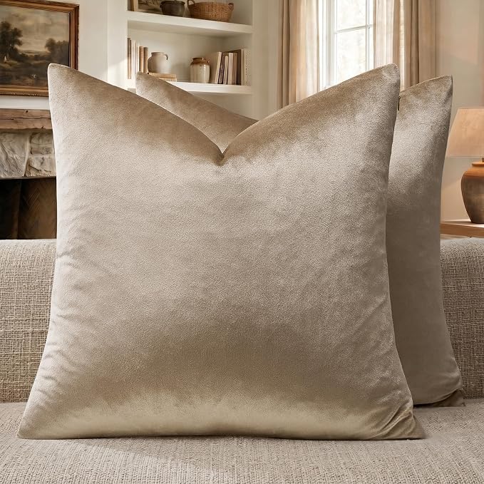 GIGIZAZA Taupe Velvet Pillow Covers 18x18 Decorative Pillows Pack of 2 | by GIGIZAZAFocusingonhomedecoration