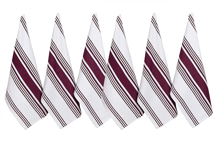 Urban Villa Kitchen Towels 100% Cotton Pack of 6, Highly Absorbent Quick Drying Super Soft Premium Dish Towels for Kitchen with Hanging Loop Hand & Tea Towels - 20x30 Inch, (Wine & White, Striped)