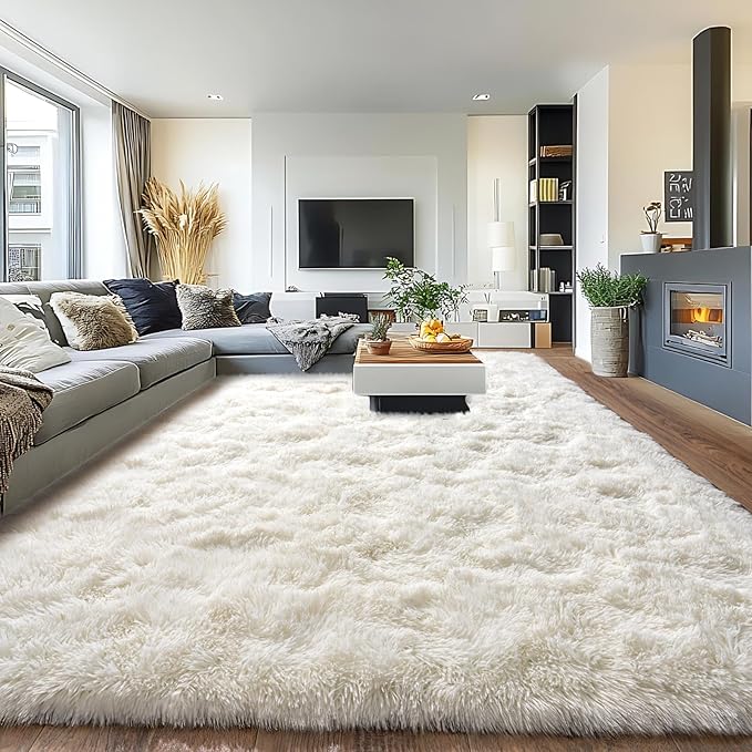 Large Area Rug for Living Room 10x14, Fluffy Shag Rug, Cream White | Modern by PIONBLANK