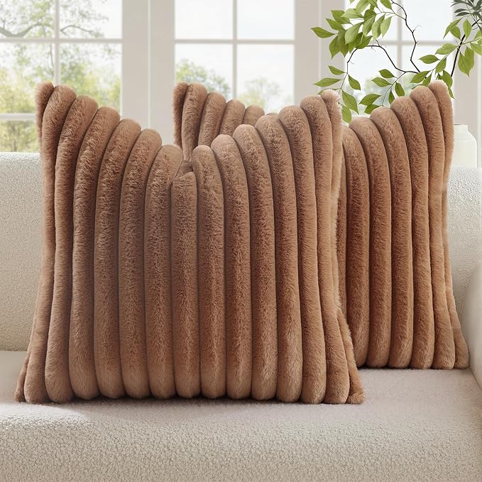 decorUhome Fall Faux Fur Throw Pillow Covers 18x18 Set of 2 Brown | Decorative by decorUhome