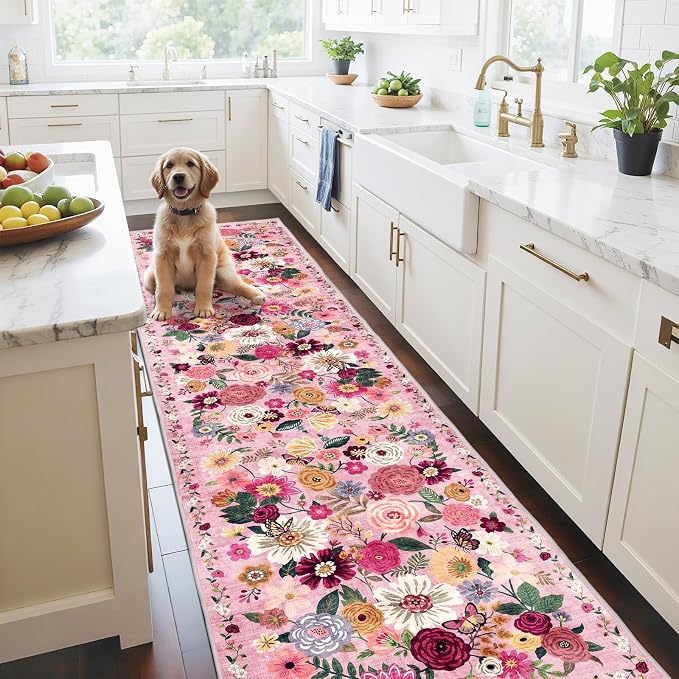Pink Garden Floral Hallway Runner Rug 2x10 by WelcometoBabovid