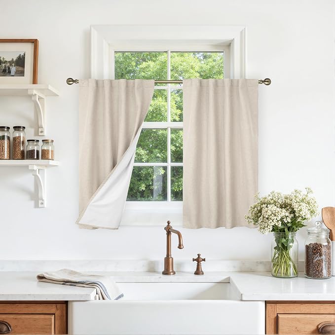 100% Blackout Linen Kitchen Window Curtains 36 Inches 2 Panels | Oatmeal by LAMIT