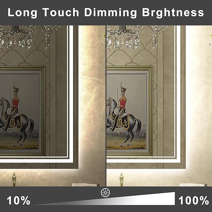 36''x24'' Lighted Mirrors for Bathroom Wall Backlit + Front Lit, Rectangular LED Bathroom Mirror Frameless with Lights Anti Fog, Dimmable, 3 Colors,Tempered Glass, Shatter-Proof (Color 1,)