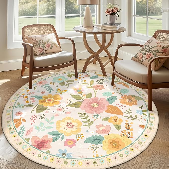 RELEANY Floral Washable Round 6ft Area Rug Beige/White/Orange | Flower Carpet - Image 2