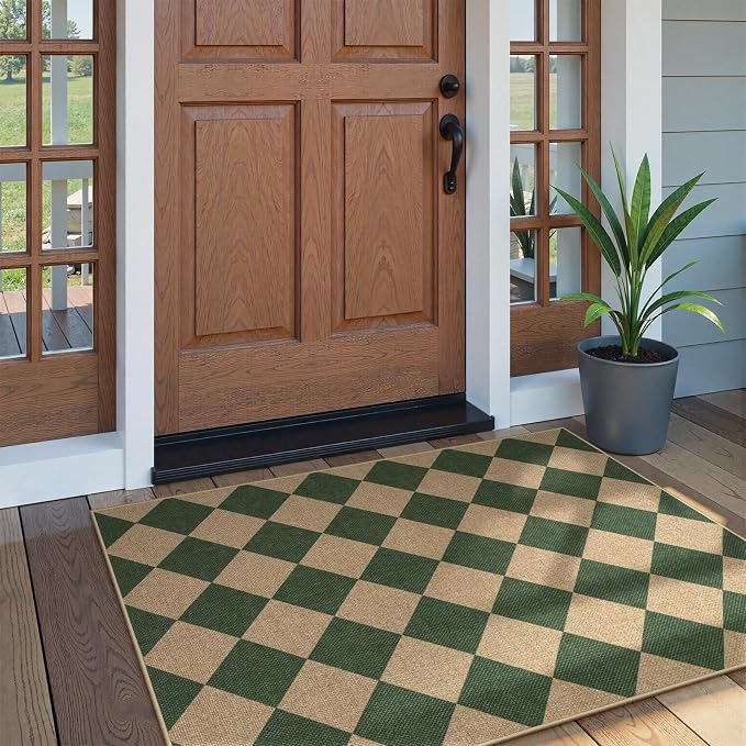 Lahome Checkered Easy Jute 3x5 Outdoor Patio Rug, Washable Rugs Green | Front - Image 6