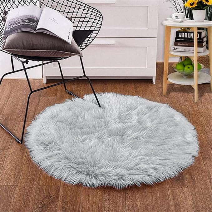 Goolela Grey Round Rug 3ft Fluffy Faux Sheepksin Fur Rug Fuzzy Gray Bedside Rugs - Image 2