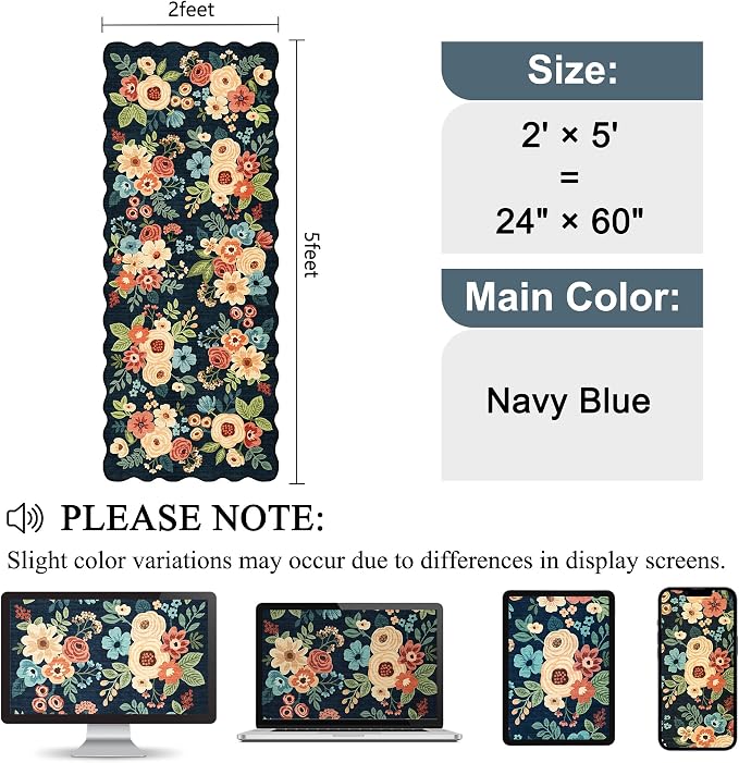 DUKINO 2x5 Washable Runner Rug, Floral Non Slip Kitchen Rug, Low Pile, - Image 2