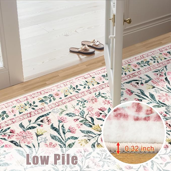 PLHXFR 8x10 Area Rug Living Room: Floral Washable Boho Carpet Pink Green | - Image 10