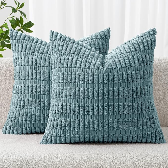 MIULEE Corduroy Decorative Throw Pillow Covers 16x16 Coastal Blue Pack of 2 | by MIULEE