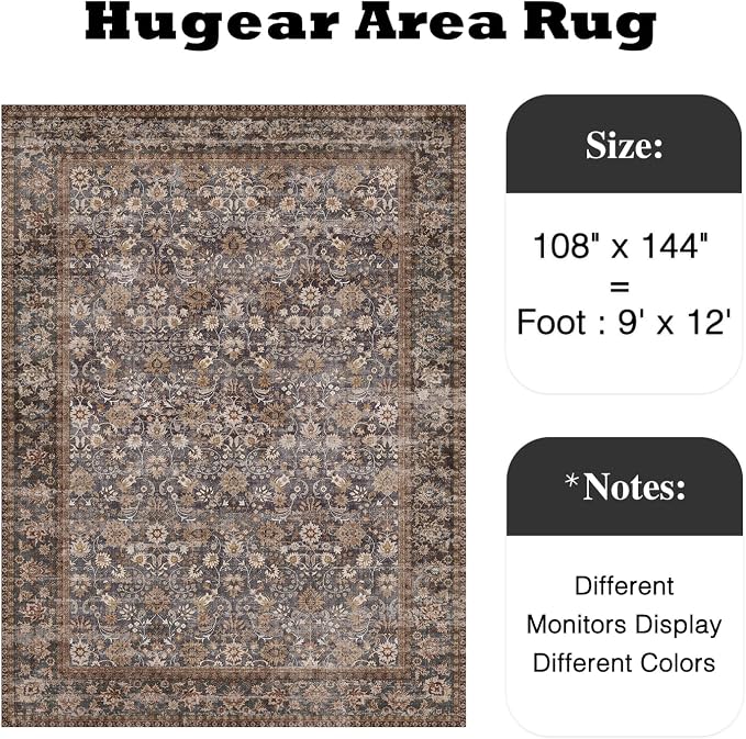 9x12 Brown Blue Vintage Floral Washable Area Rug - Image 2
