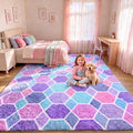 Checkered Purple Rainbow Area Rugs, Fluffy 5x8 Geometric Rug Girls Bedroom | by ONASAR